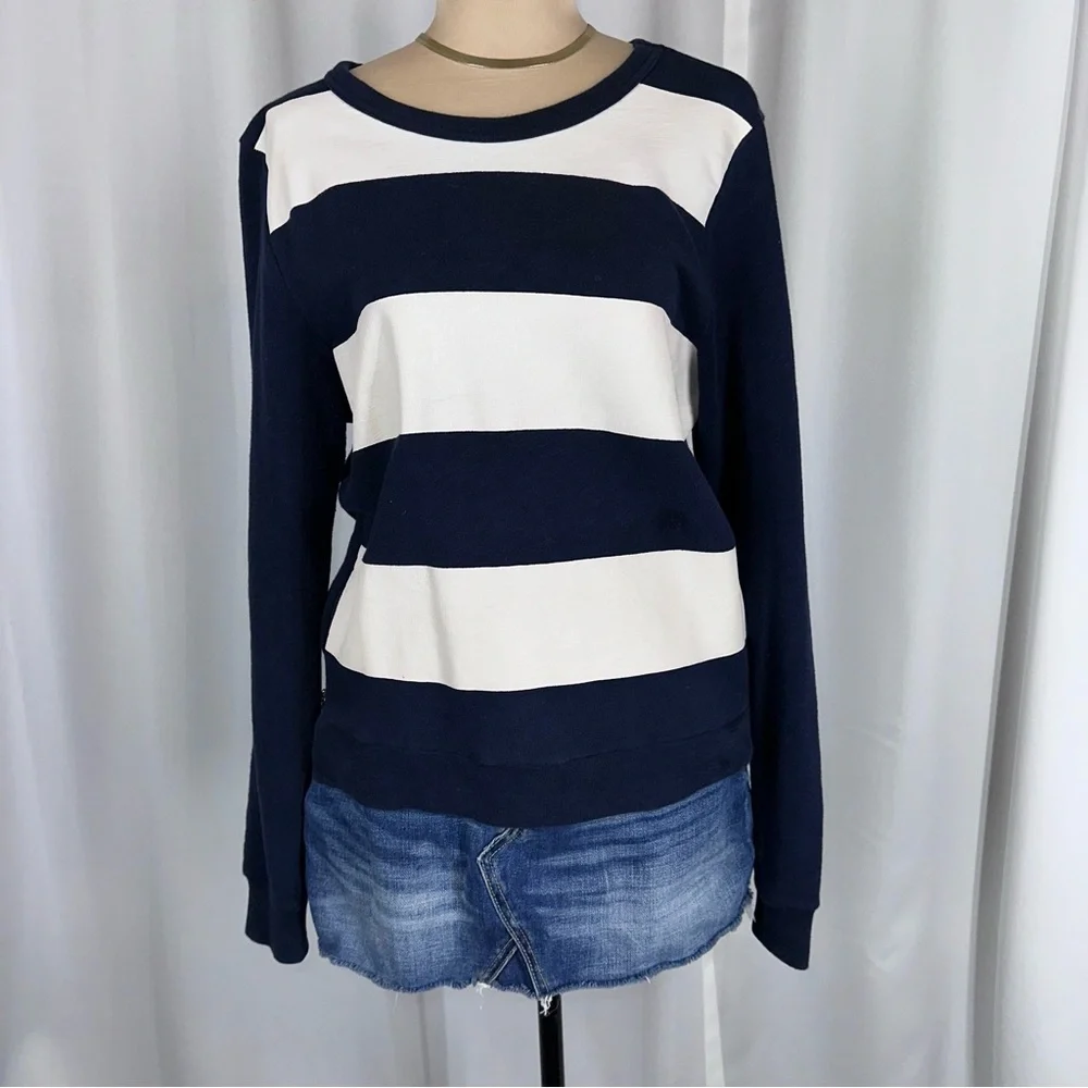 J Crew French Terry Pullover Top Navy White Bold‎ Stripes Side Zipper Nautical M